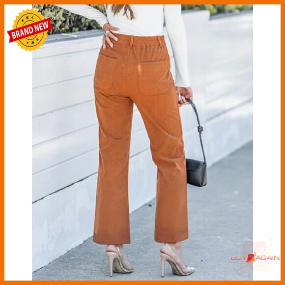 High Waisted Wide Leg Corduroy Pants Elastic Waist Patch Pocket Trousers - Picture 3 of 8